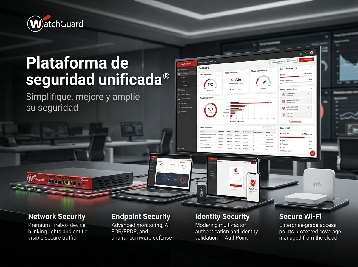 Plataforma unificada de seguridad WatchGuard — gestión centralizada de red, endpoint, identidad y Wi-Fi