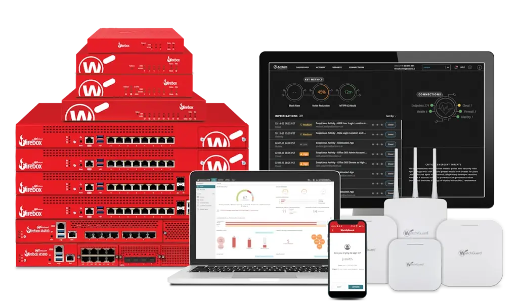 Familia de productos WatchGuard — appliances Firebox, Access Points Wi-Fi 6 y servicio MDR